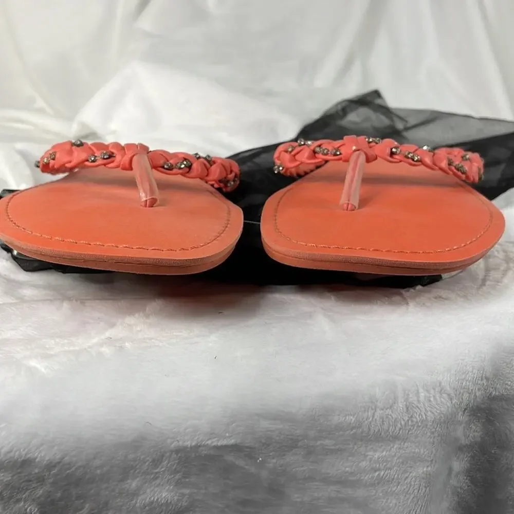 Coral Braided Jeweled Strap Flat Flip Flop Size 11/12.  Beach Coastal Summer Fun